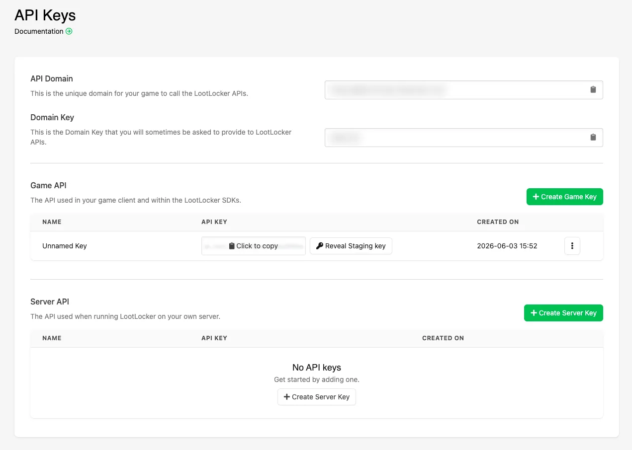 The API Keys page with the Domain section, a Game API key, and an empty Server API key list