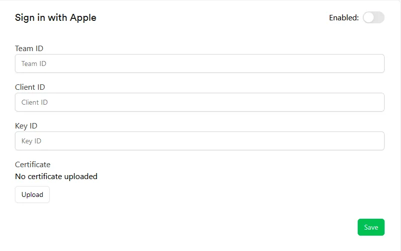 Apple Sign In platform settings in the Web Console