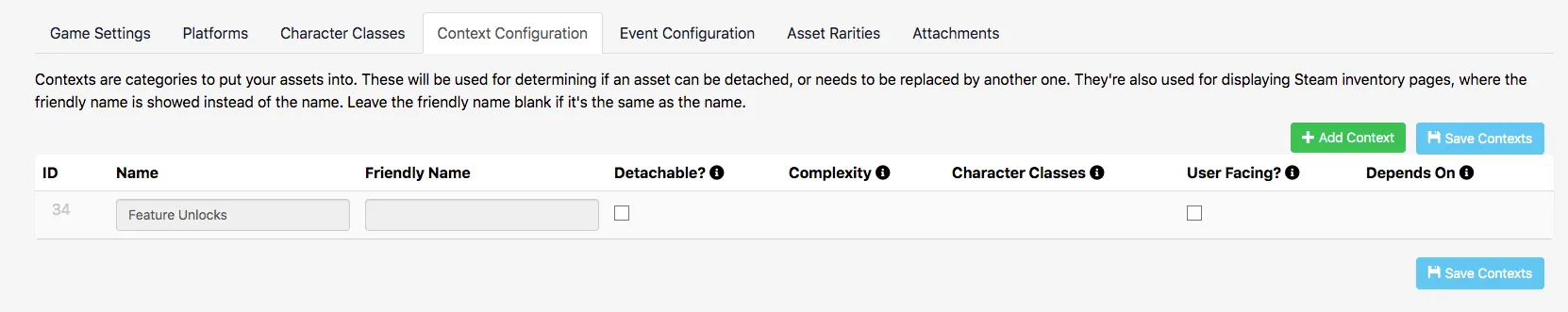 Context Configuration menu in the Web Console showing existing Asset Contexts