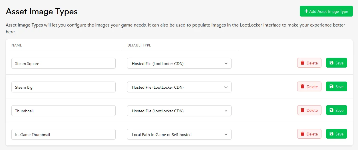 Asset Image Types list with Name and Default Type fields