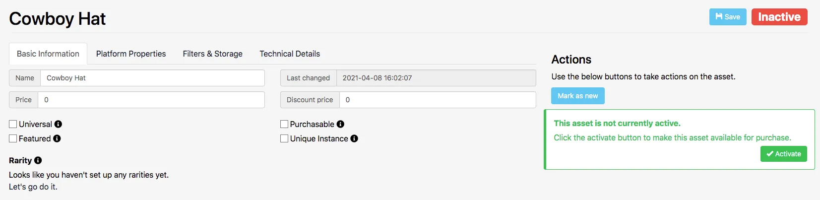 Asset's page showing its stored information and data after creation