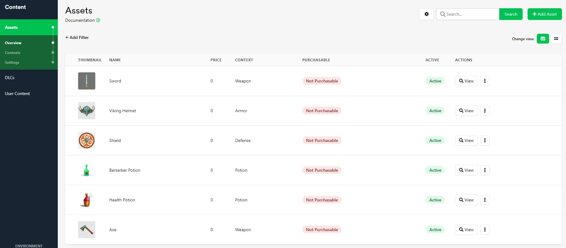 Asset Manager list view showing all Assets