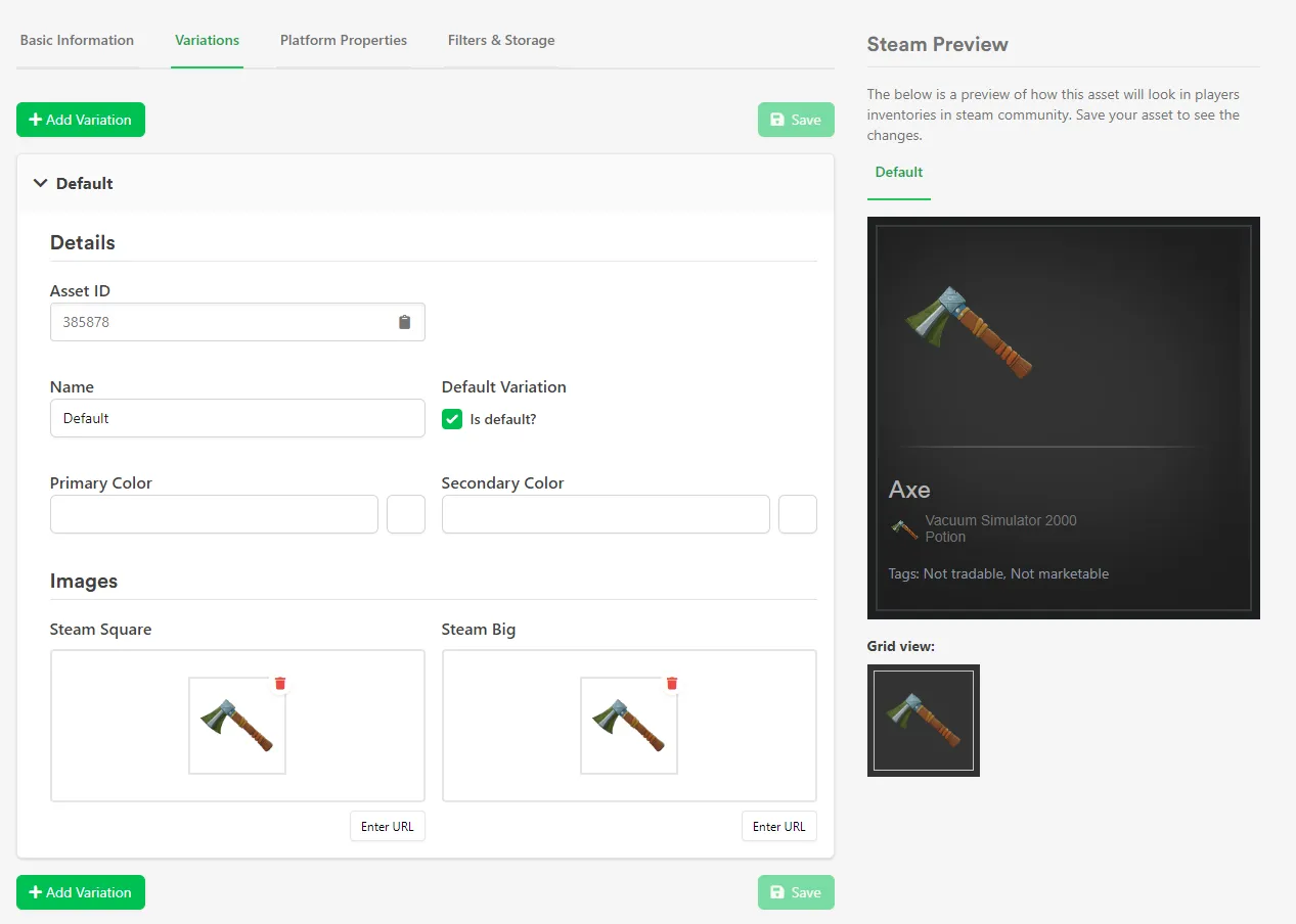 Variations tab on an Asset with the Customization Complexity
