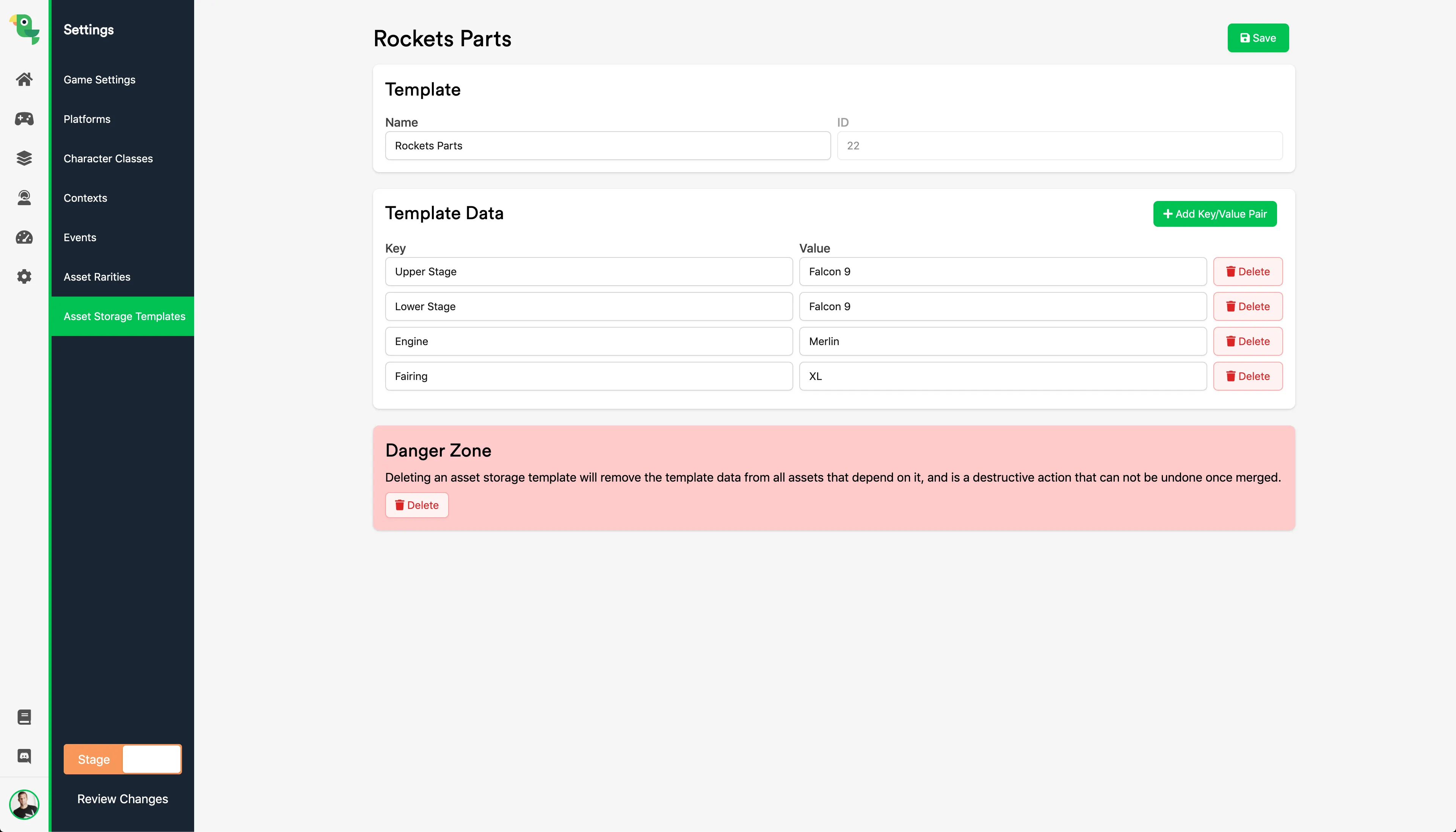 Asset Storage Template configuration form with Name, Key, and Value fields