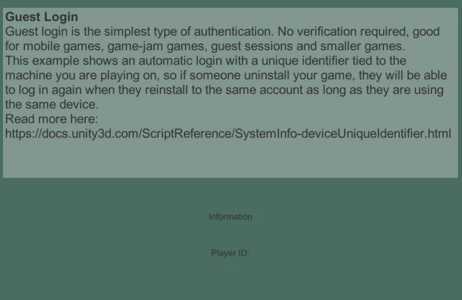 Guest Login sample scene displaying a Player ID derived from the device's unique identifier