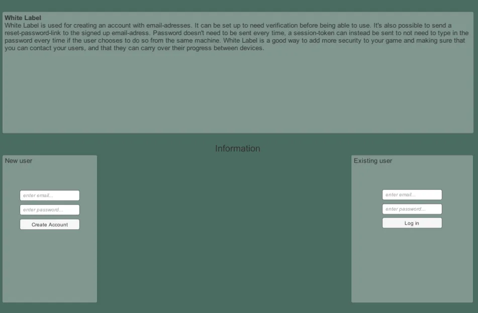 White Label Login sample scene showing the new and existing user fields