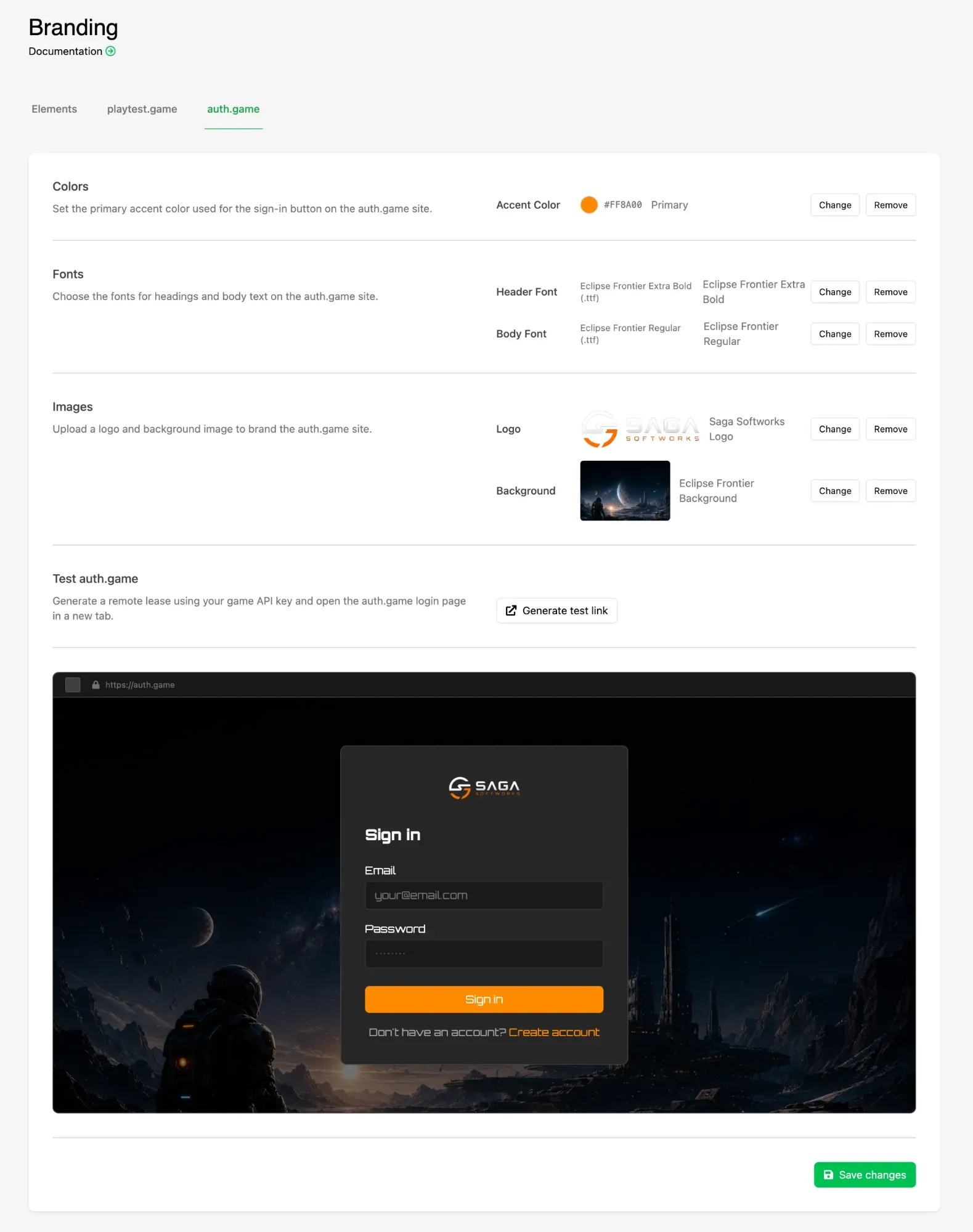 auth.game tab with accent color, fonts and images set, the test link button, and a live preview below