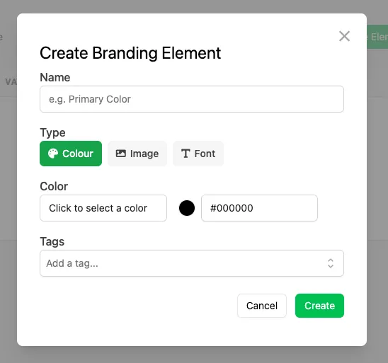 Create Branding Element modal with name, type, color and tags fields
