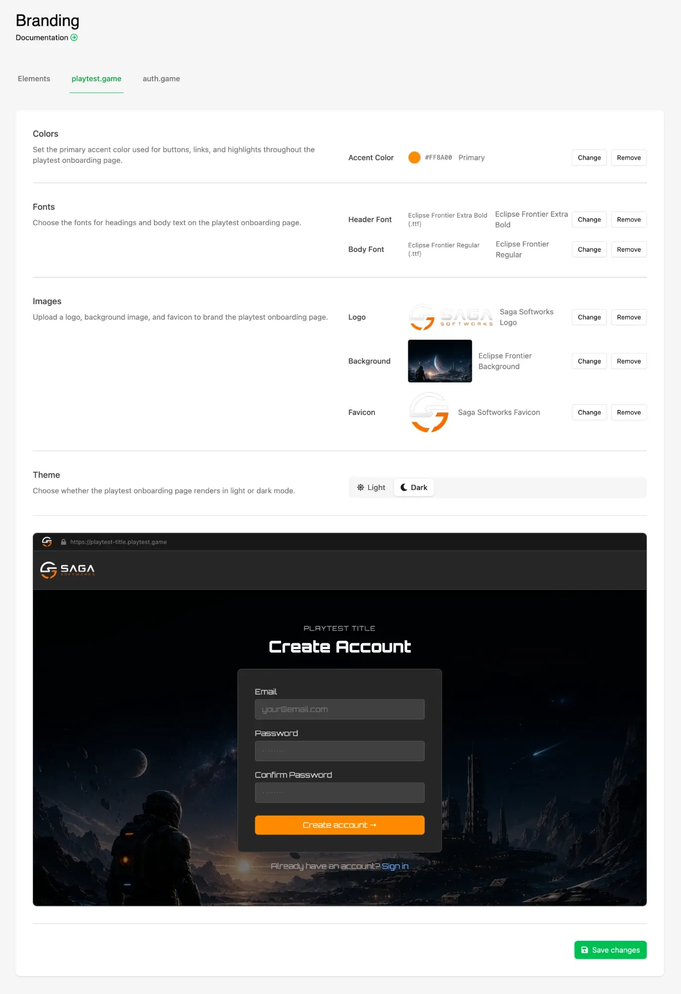 playtest.game tab with accent color, fonts, images and theme set, and a live preview below