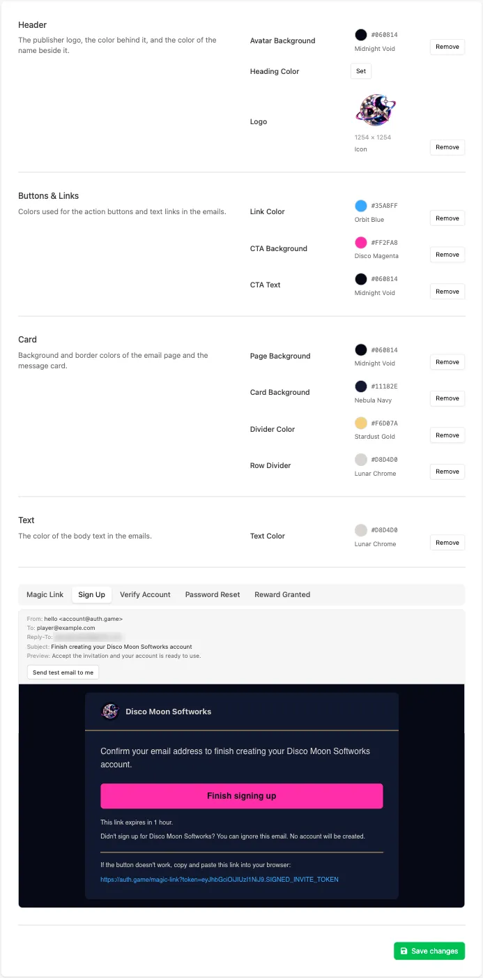 White Label Email tab with header, button, card and text colors set, and a preview of the Sign Up email below