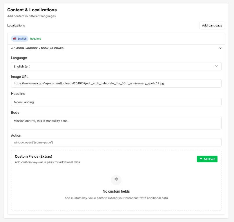 Content and localization fields for a broadcast's language entry