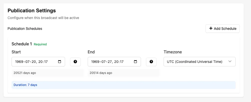 Publication settings showing schedule start, end, and timezone fields