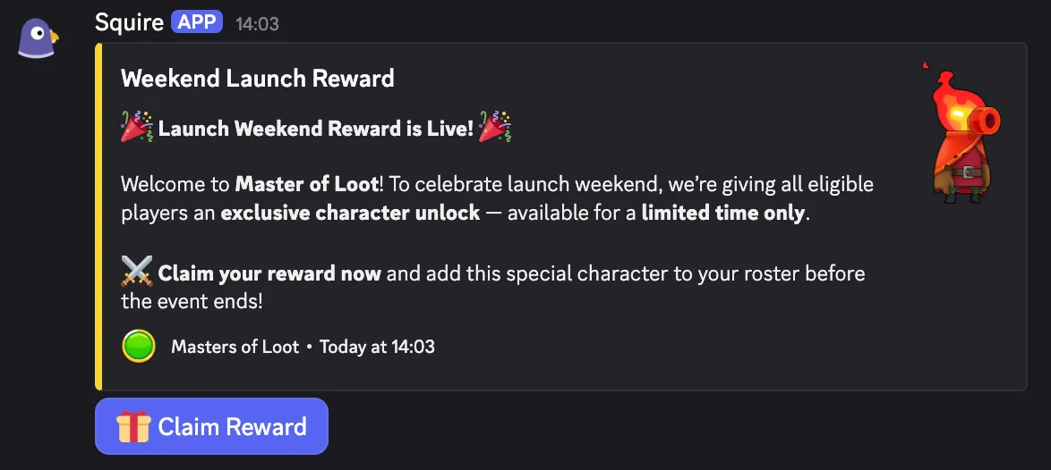 Discord message with a Claim Reward button for the reward campaign