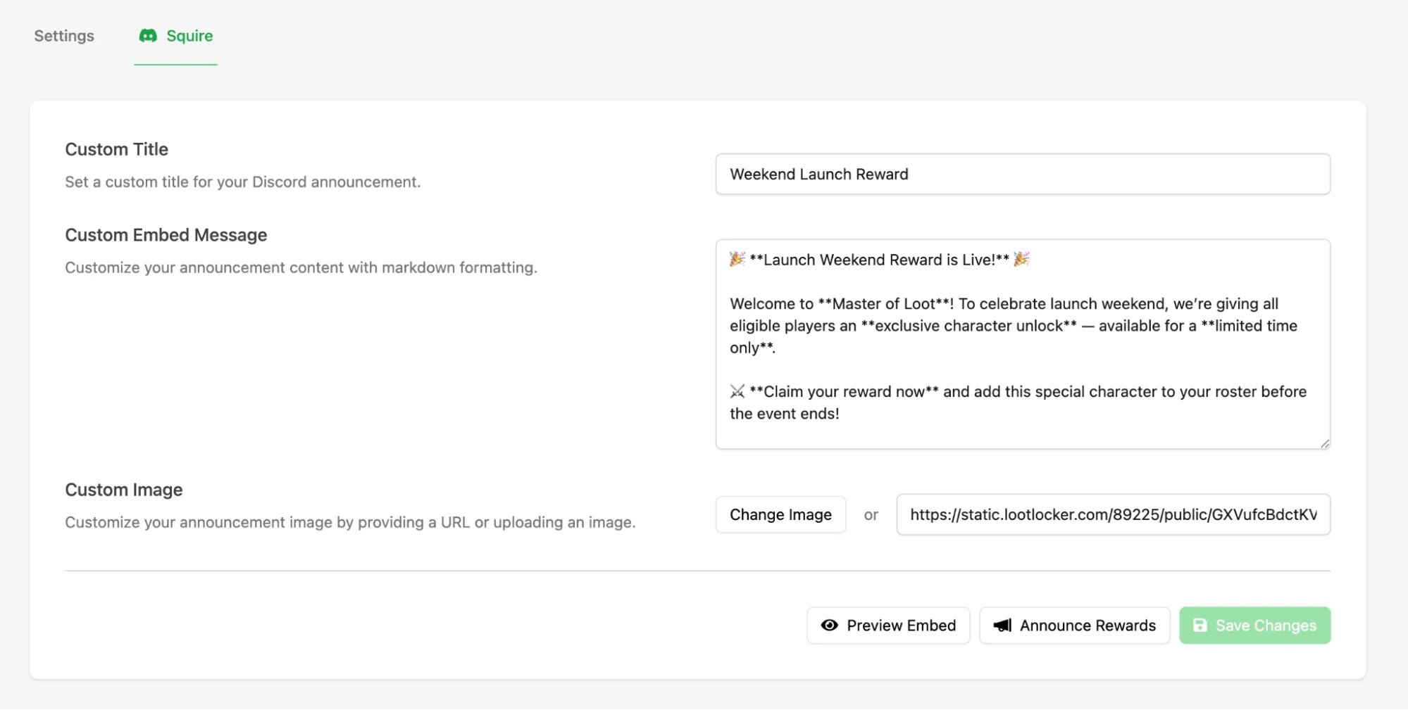 Squire tab settings for configuring the Discord reward post