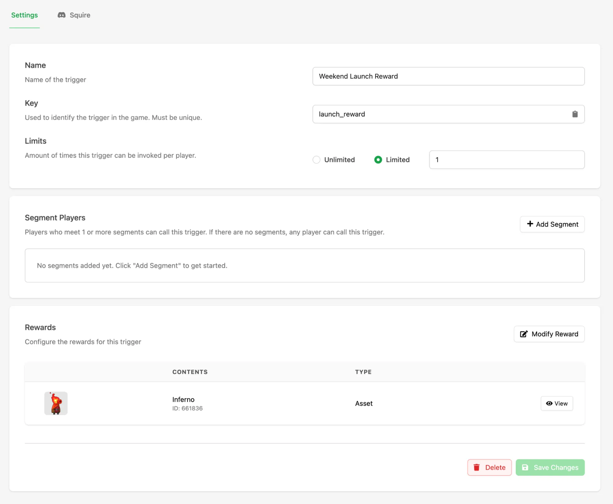 Trigger configuration with name, key, limits, and Reward fields