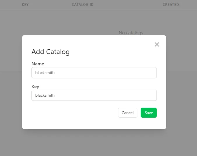 Add Catalog modal with Name and Key fields