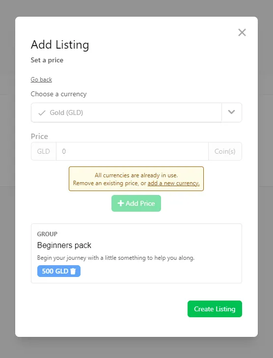 Add Listing modal for setting a Currency price on a group Listing