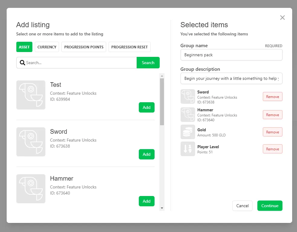 Add Listing modal with Assets, Currency, and Progression Points selected for a group Listing