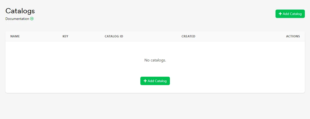 Catalogs list in the Web Console with no Catalogs created yet