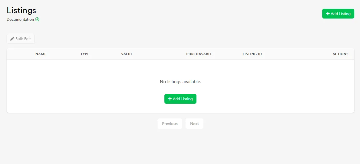 Listings tab of a Catalog with no Listings created yet