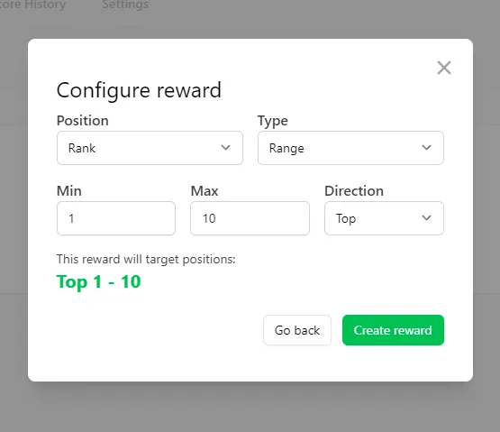 Leaderboard rewards configured for the top 10 ranked players
