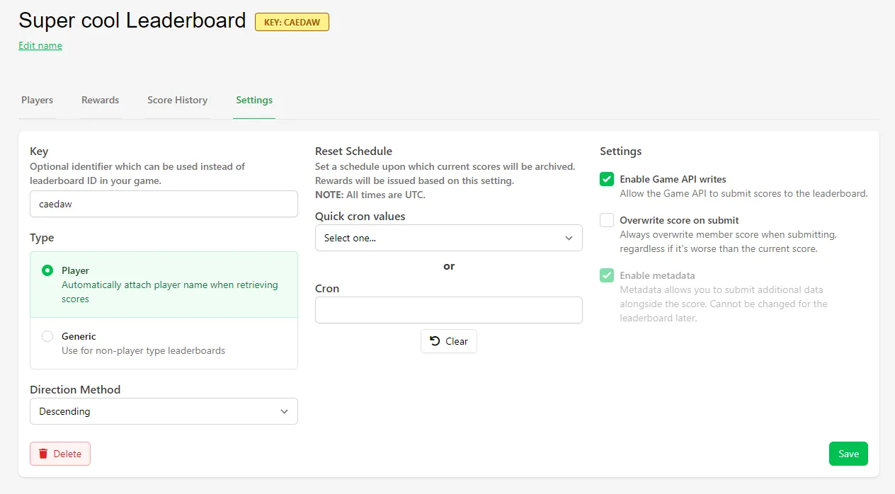 Leaderboard schedule settings