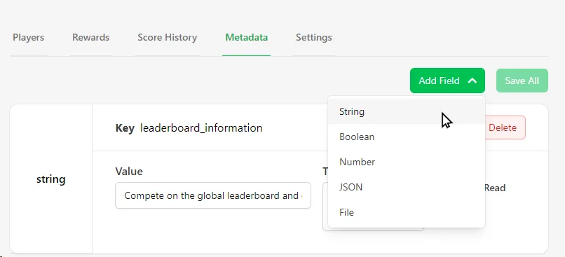 Choosing a metadata field type.