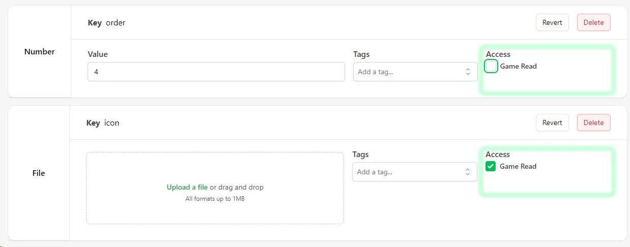 Setting game read access for a metadata field.