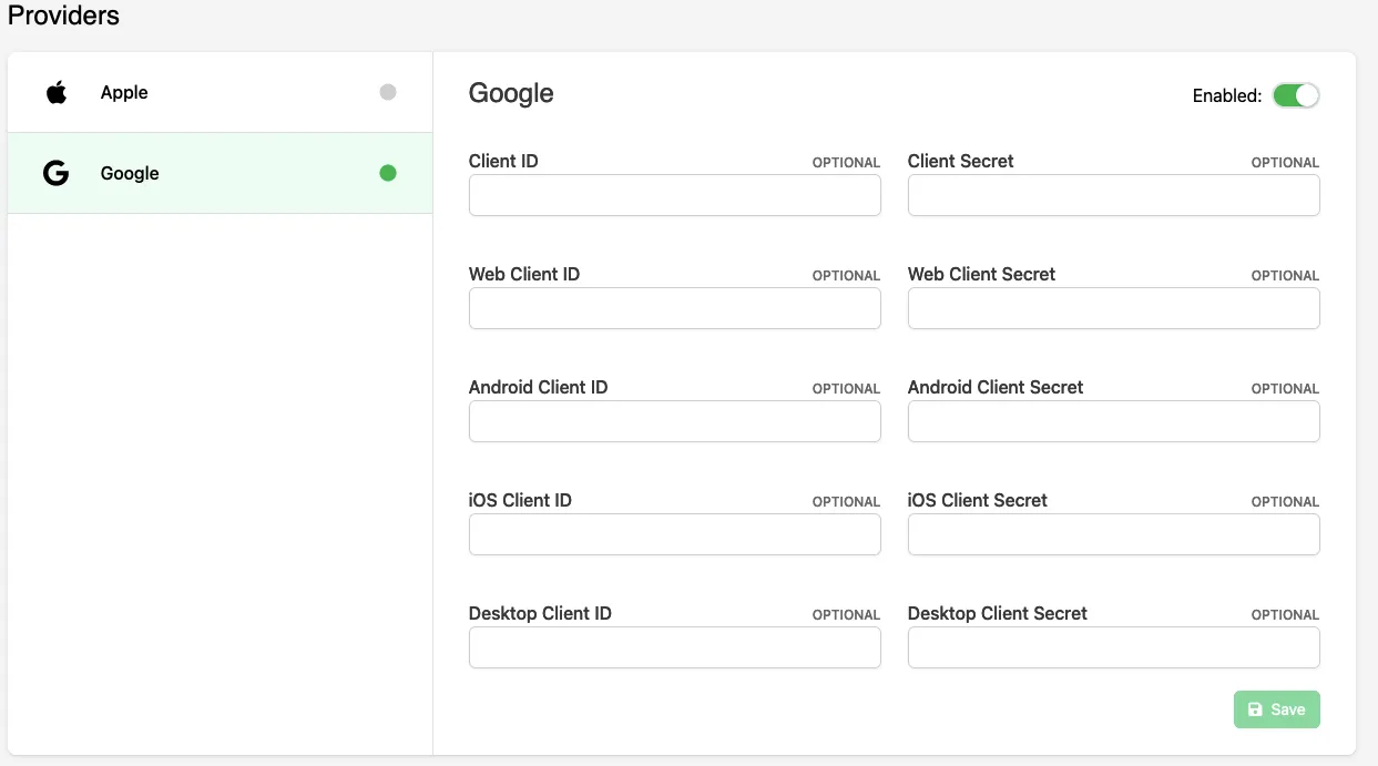 Google Sign In Unified Player Accounts settings in the Web Console