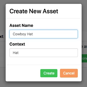 Create new Asset dialog with an Asset Name and Context selected
