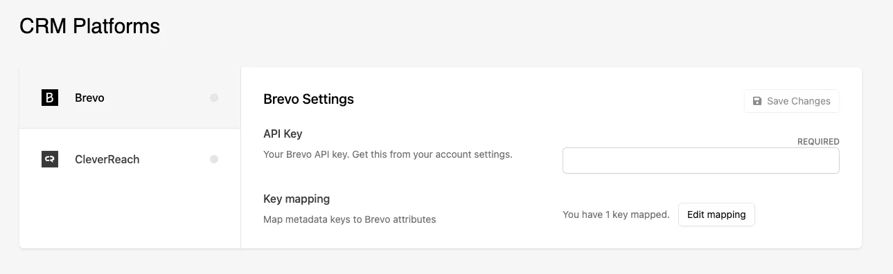 Brevo Settings panel in the CRM Platforms section with the API Key field and Key mapping row