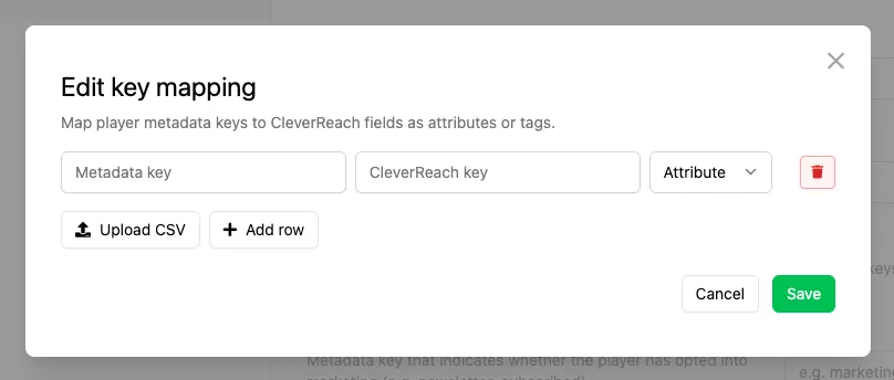 Edit key mapping modal for CleverReach with metadata key, CleverReach key, and Attribute type fields