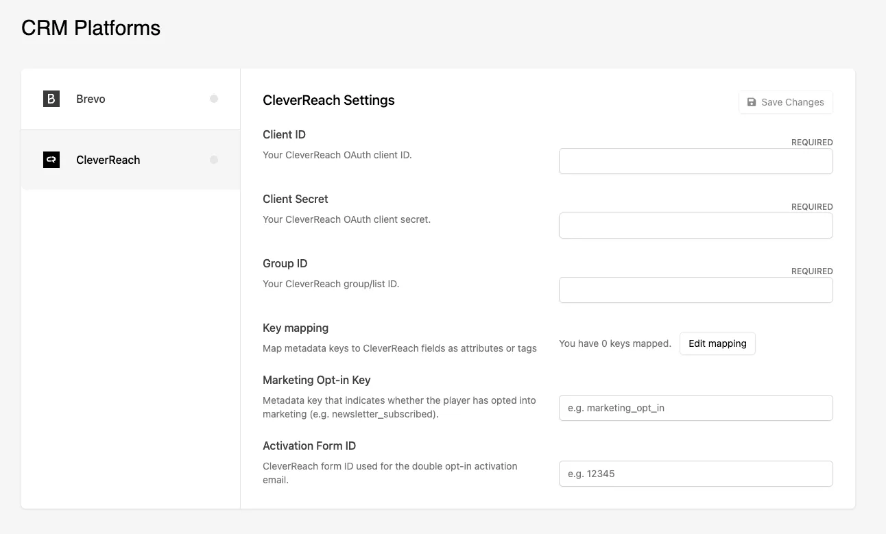 CleverReach Settings panel in the CRM Platforms section with Client ID, Client Secret, Group ID, Key mapping, Marketing Opt-in Key, and Activation Form ID fields
