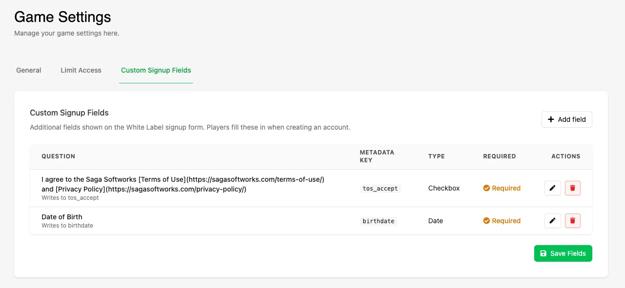 The Custom Signup Fields tab listing a required Terms of Use checkbox and a required Date of Birth field with their metadata keys and types