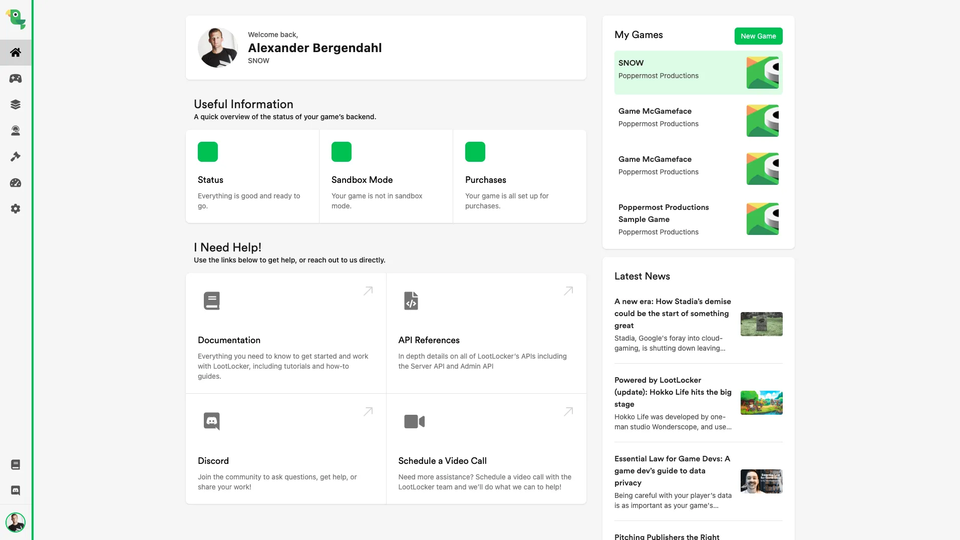 LootLocker Web Console dashboard home screen