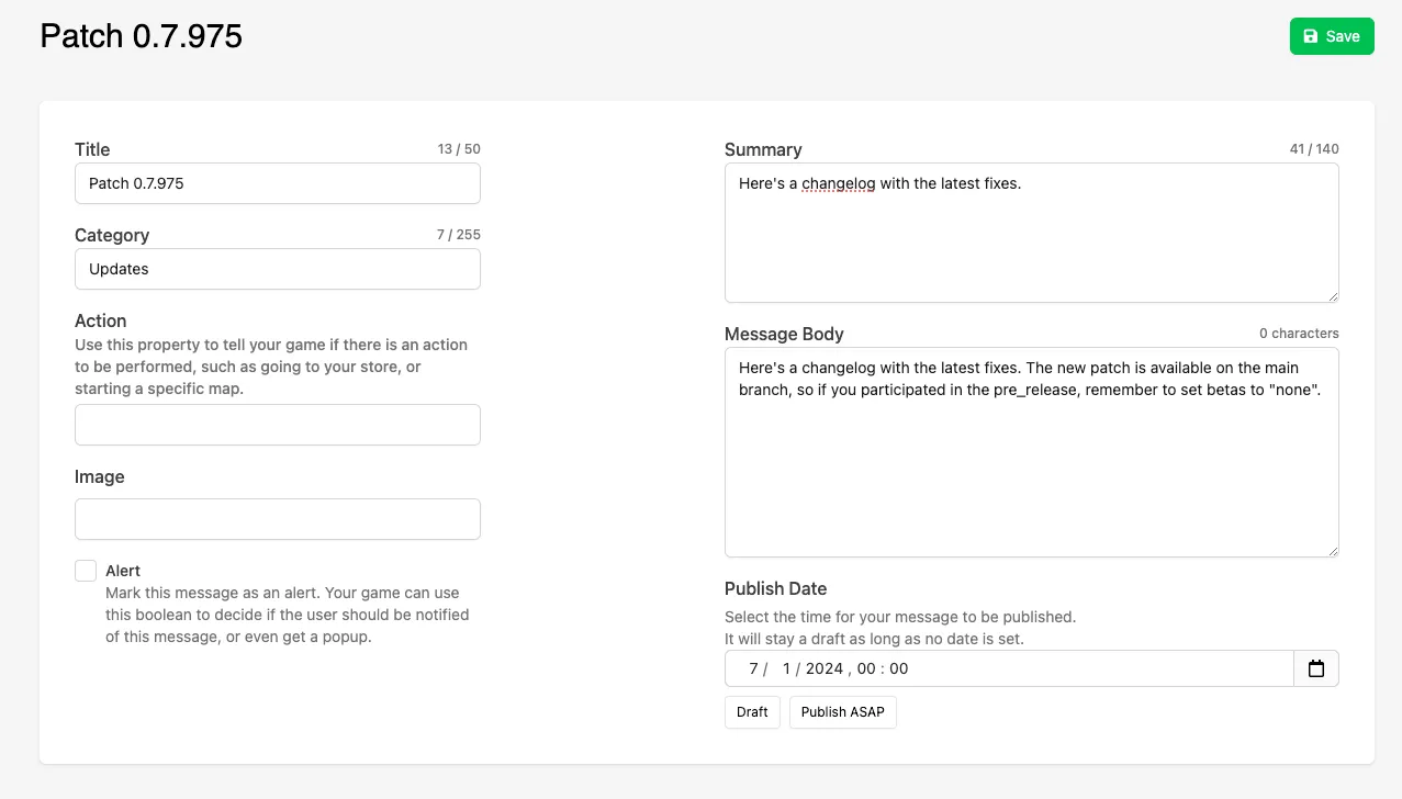 Message editing view in the Web Console