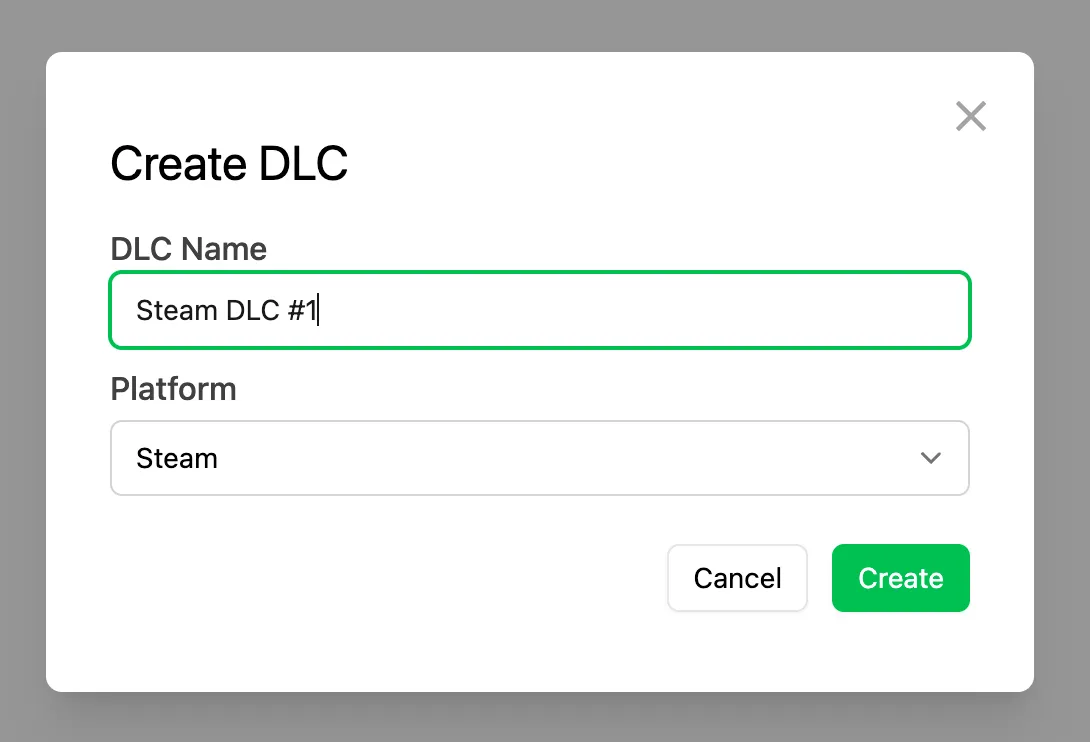 Create DLC modal with DLC Name field and Platform dropdown