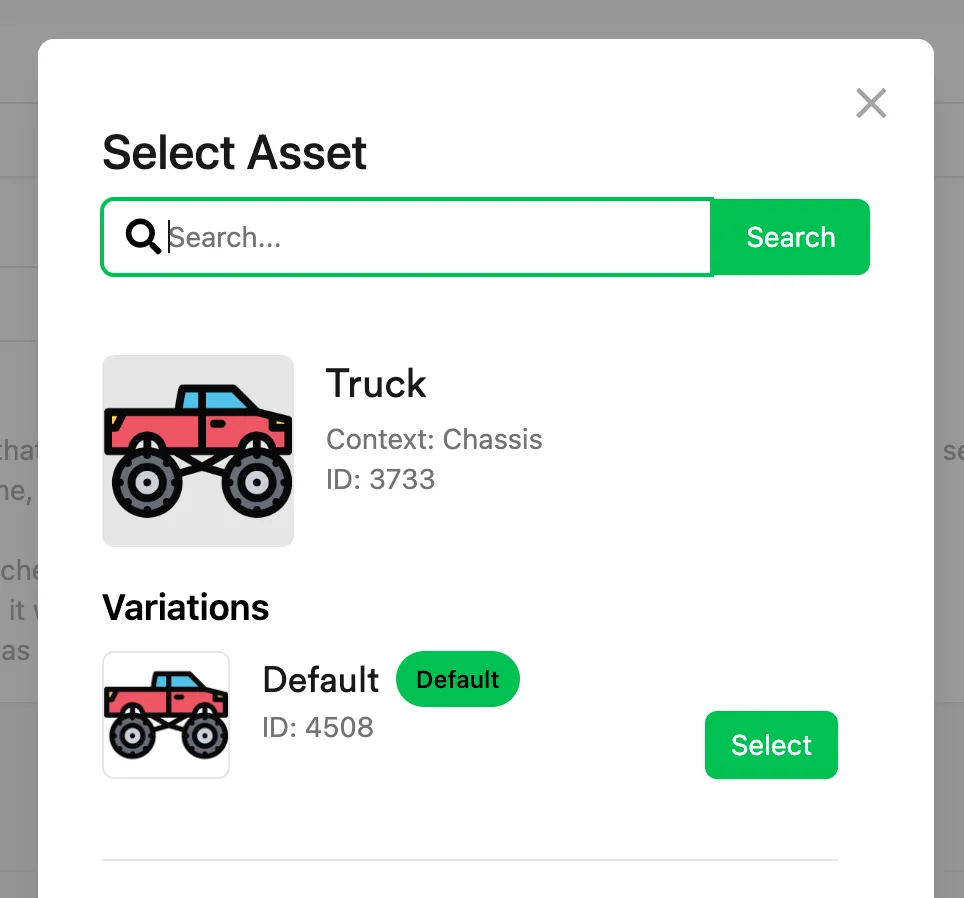 Select Asset modal for adding an Asset to a DLC's Contents