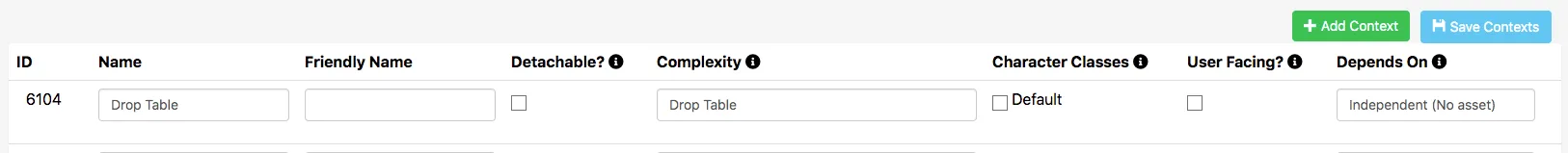 Saved Drop Table Context in the Context Configuration menu