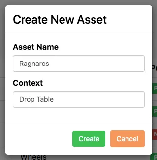 Create new Asset dialog with the Drop Table Context selected