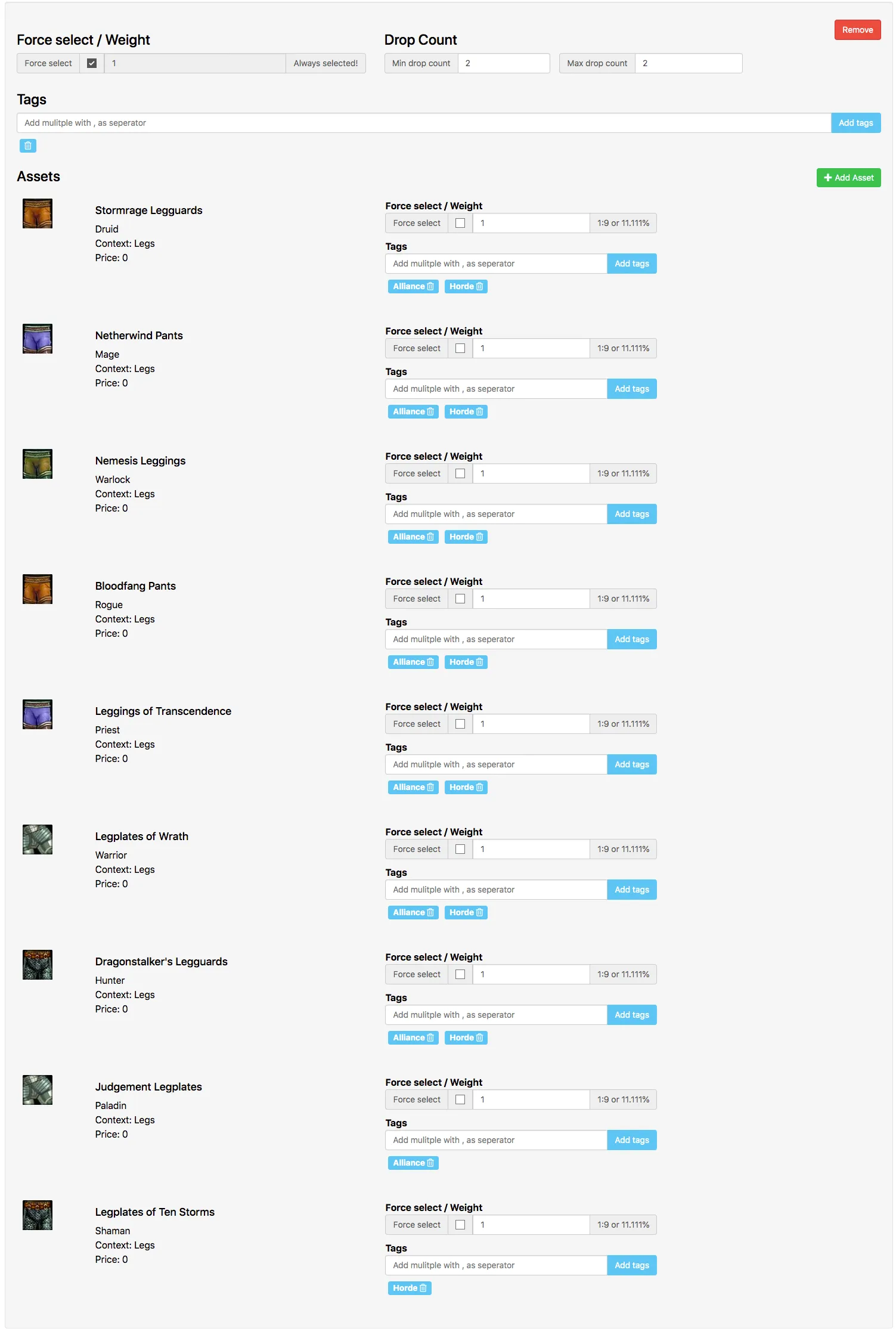 Group 1 configured with Force Select enabled, a Drop Count of 2, and Alliance and Horde Tags