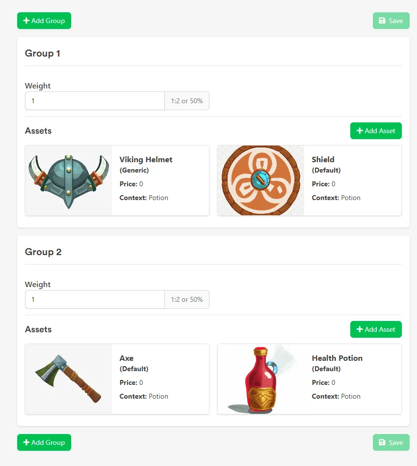 Loot Box Contents tab on an Asset with the Loot Box Complexity