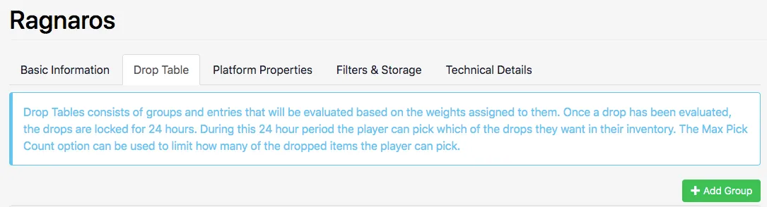 Drop Table tab on the Drop Table Asset's page