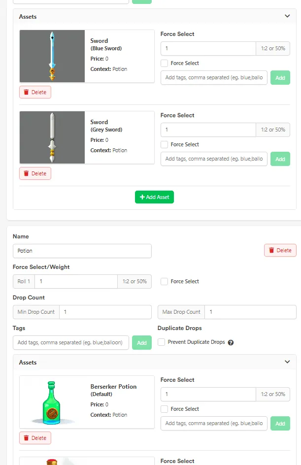 Drop Table tab on an Asset with the Drop Table Complexity