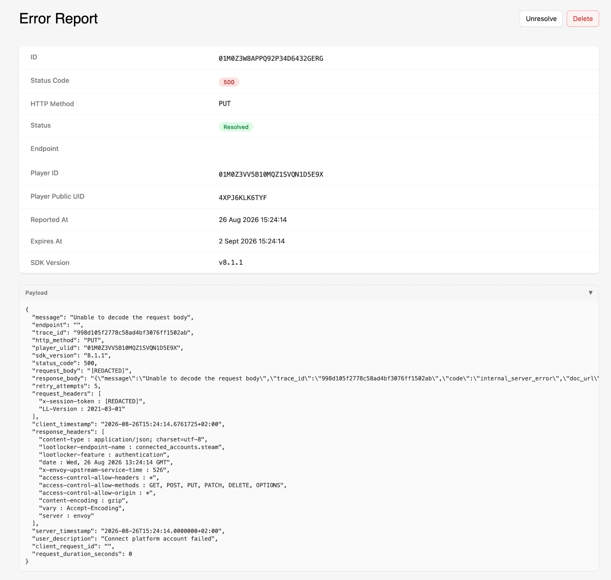 An error report showing the summary fields and the expanded Payload section