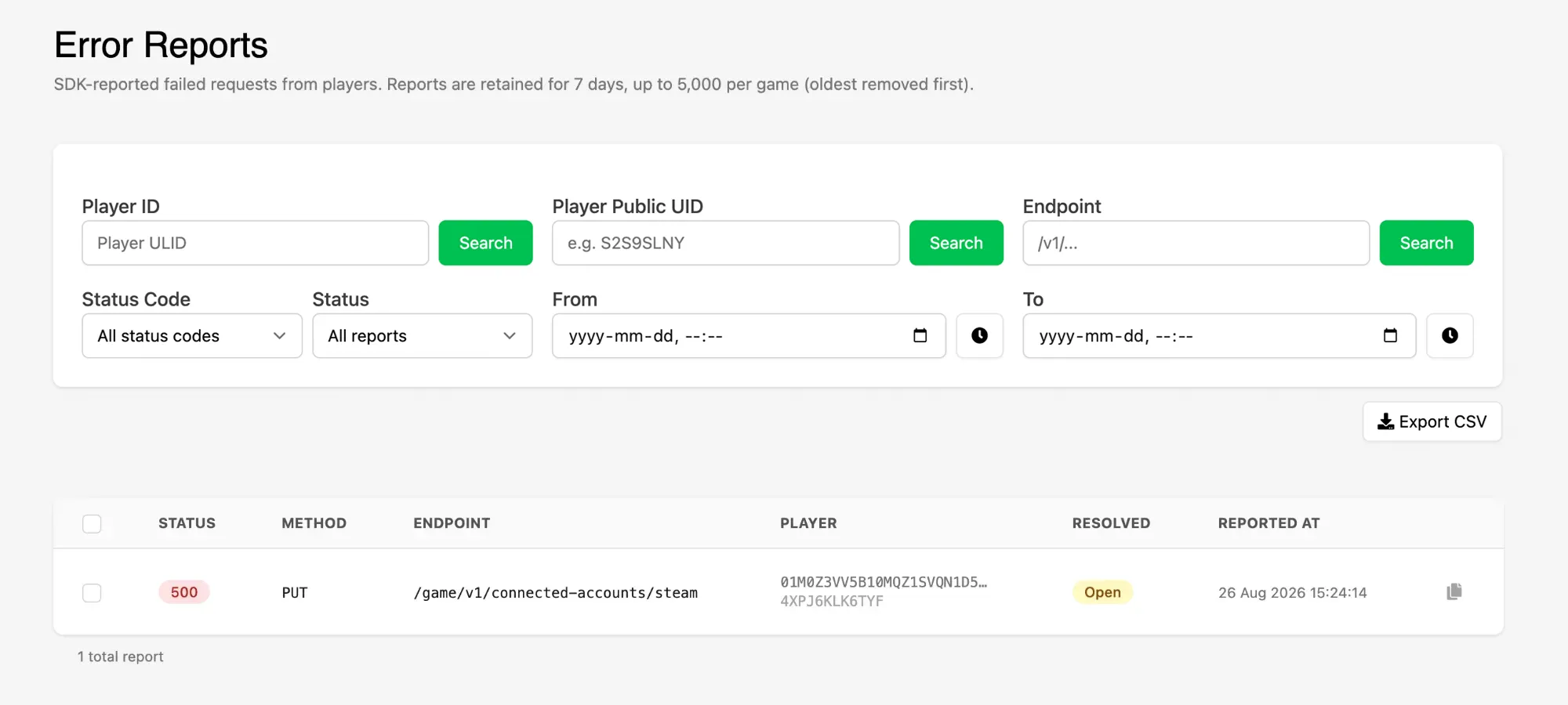 The Error Reports list with the Player ID, Player Public UID, Endpoint, Status Code, Status, and date range filters above it