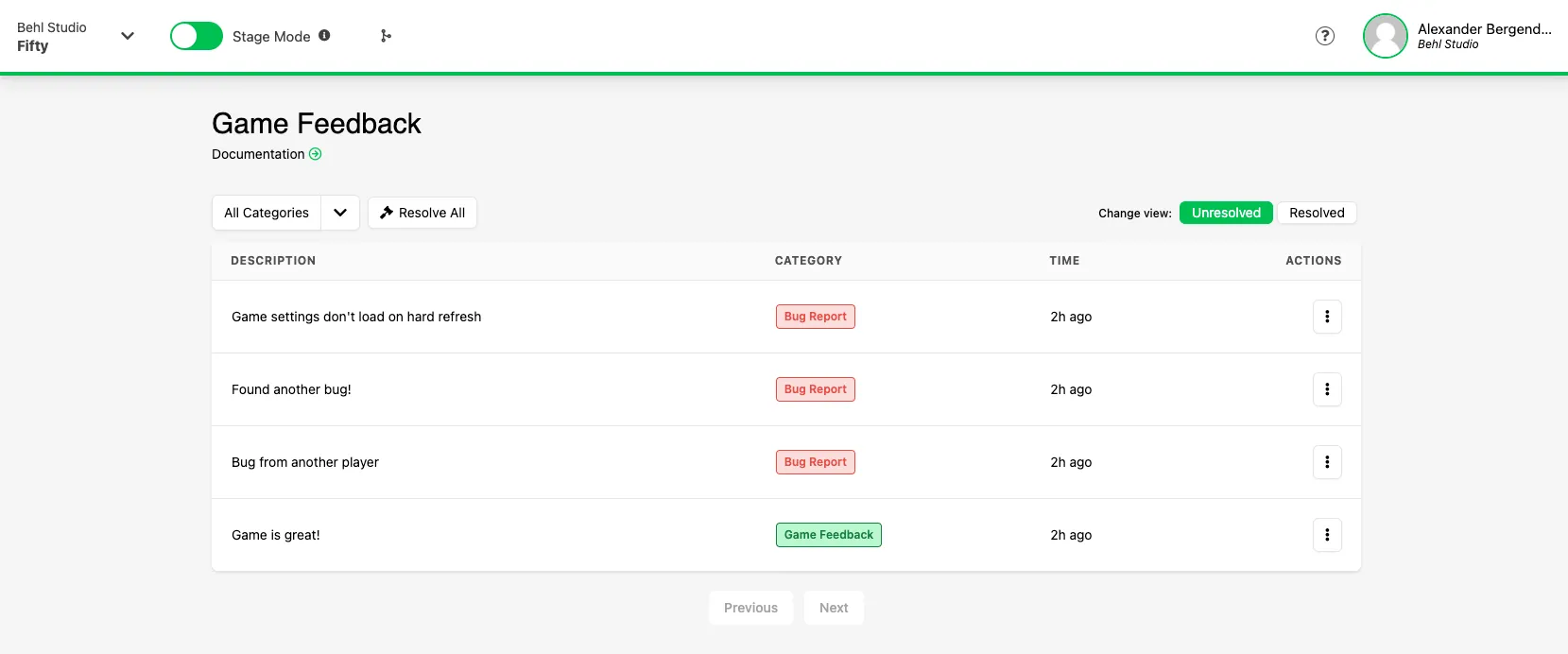 Game Feedback overview page in the Web Console