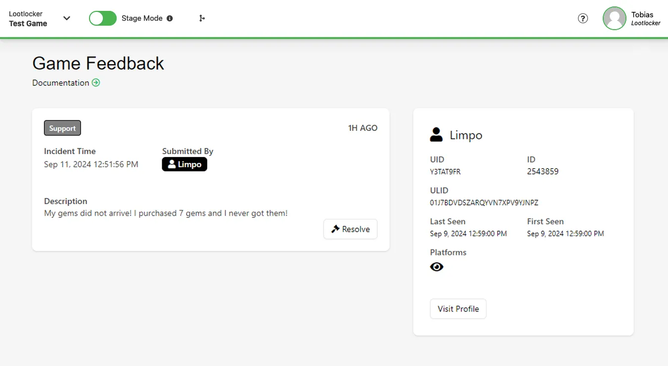Game Feedback report detail view in the Web Console