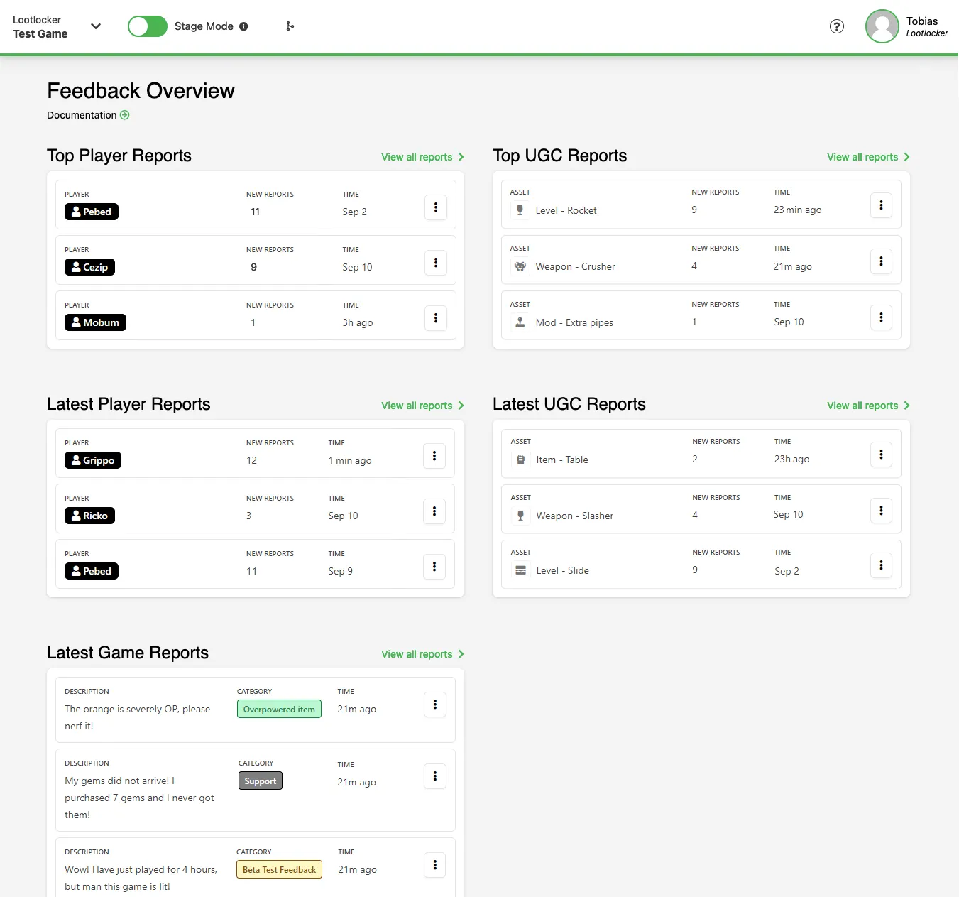 Feedback Overview page in the Web Console