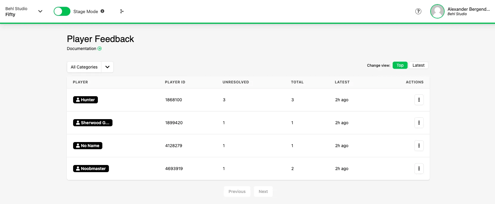 Player Feedback overview page in the Web Console